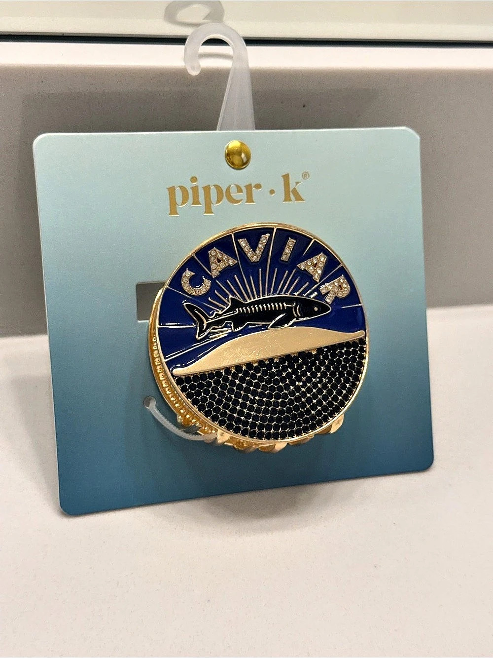 piper k Caviar Hair Claw Clip Fish Hair Clip Brooch in Blue & Gold NWT